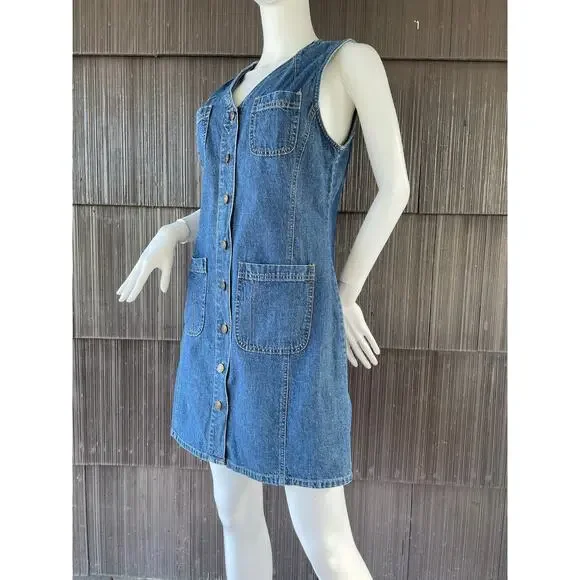 🔥Vintage 90s Y2K St. John’s Bay Denim Mini Jumper Dress Button Down Pockets 8P - Picture 3 of 16